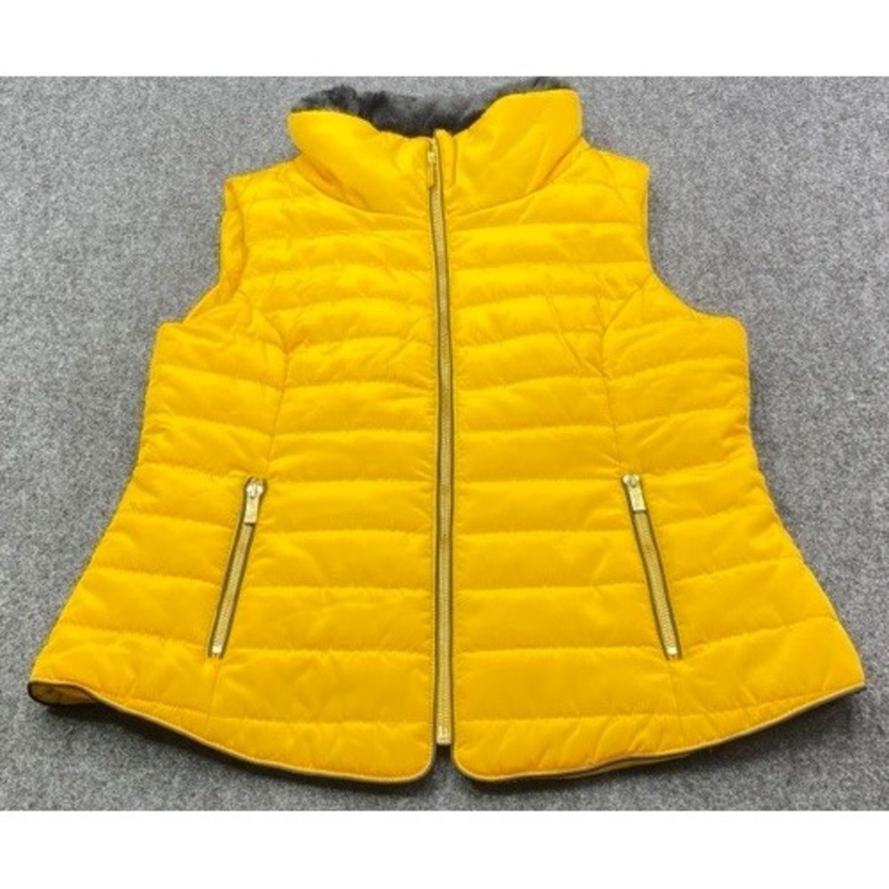 GUESS Puffer Vest Women Medium Yellow Faux Fur Collar Quilted Gold Zip 10602